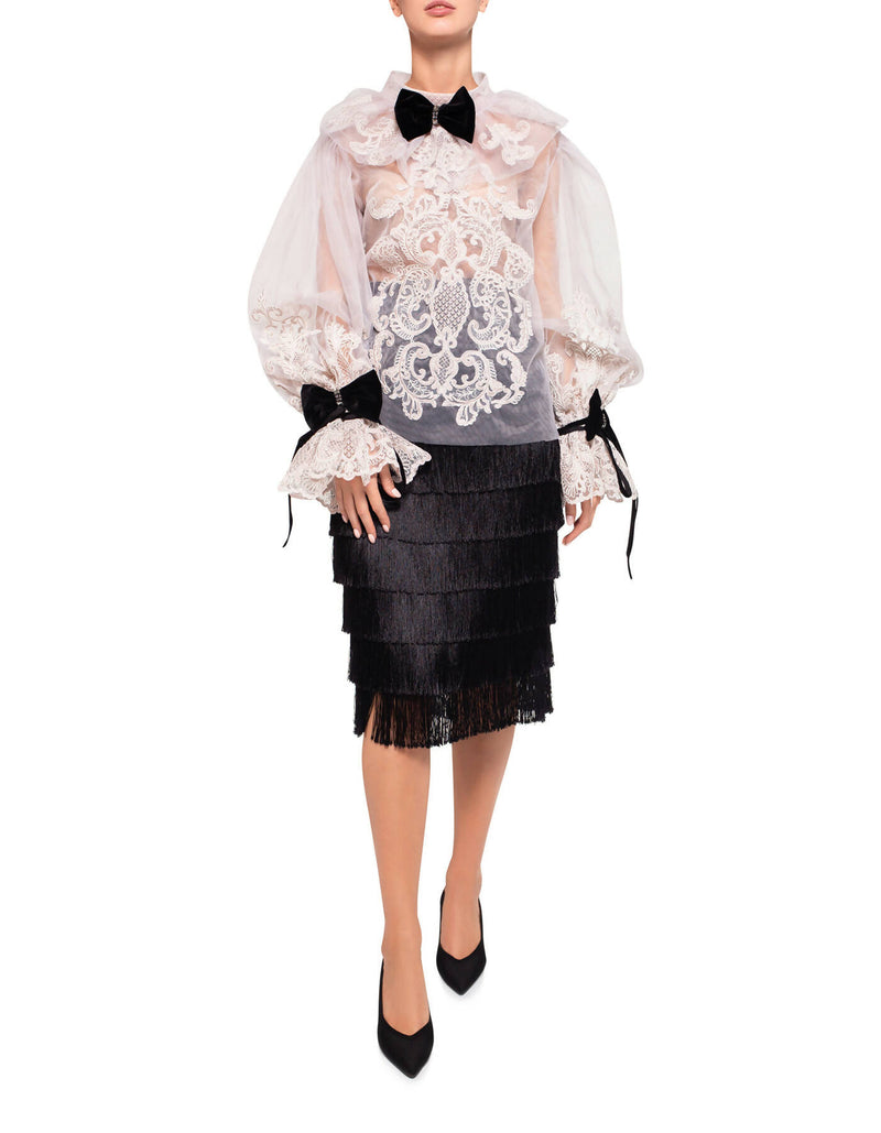 Lace And Chiffon Blouse With Velvet Bows