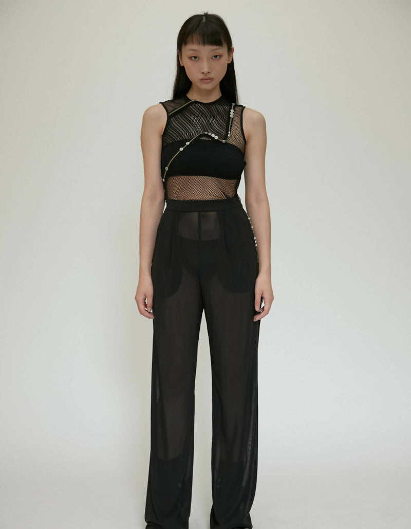 Button Zipper See Through Mesh Trousers