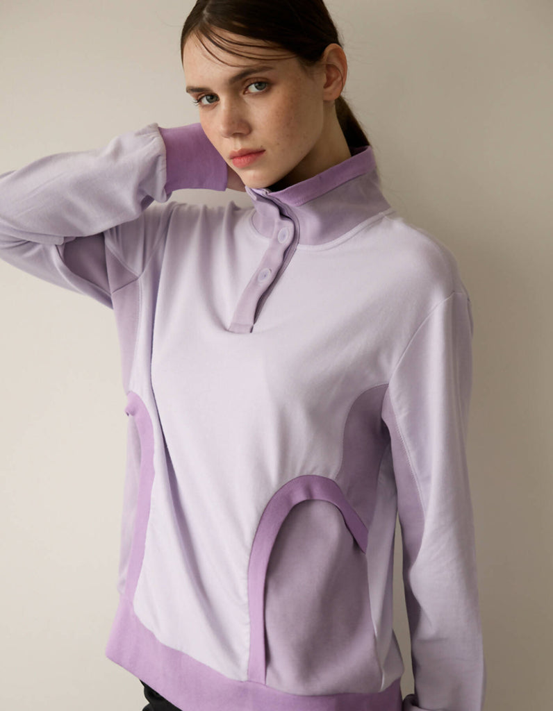 Color Combination Rib Turtle Sweatshirt_Pale Lavender