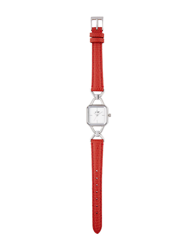 Vintage Design Silver-Tone Watch With Red Leather Strap