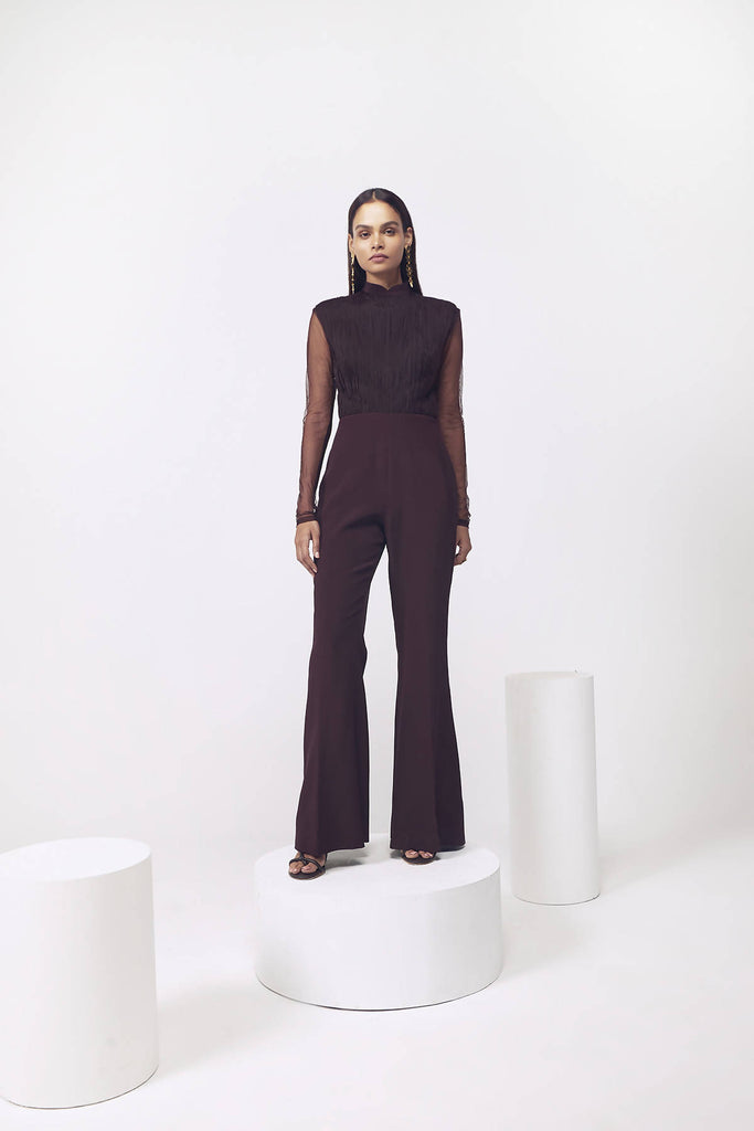 Ruched Jumpsuit with Detachable Peplum in Wine