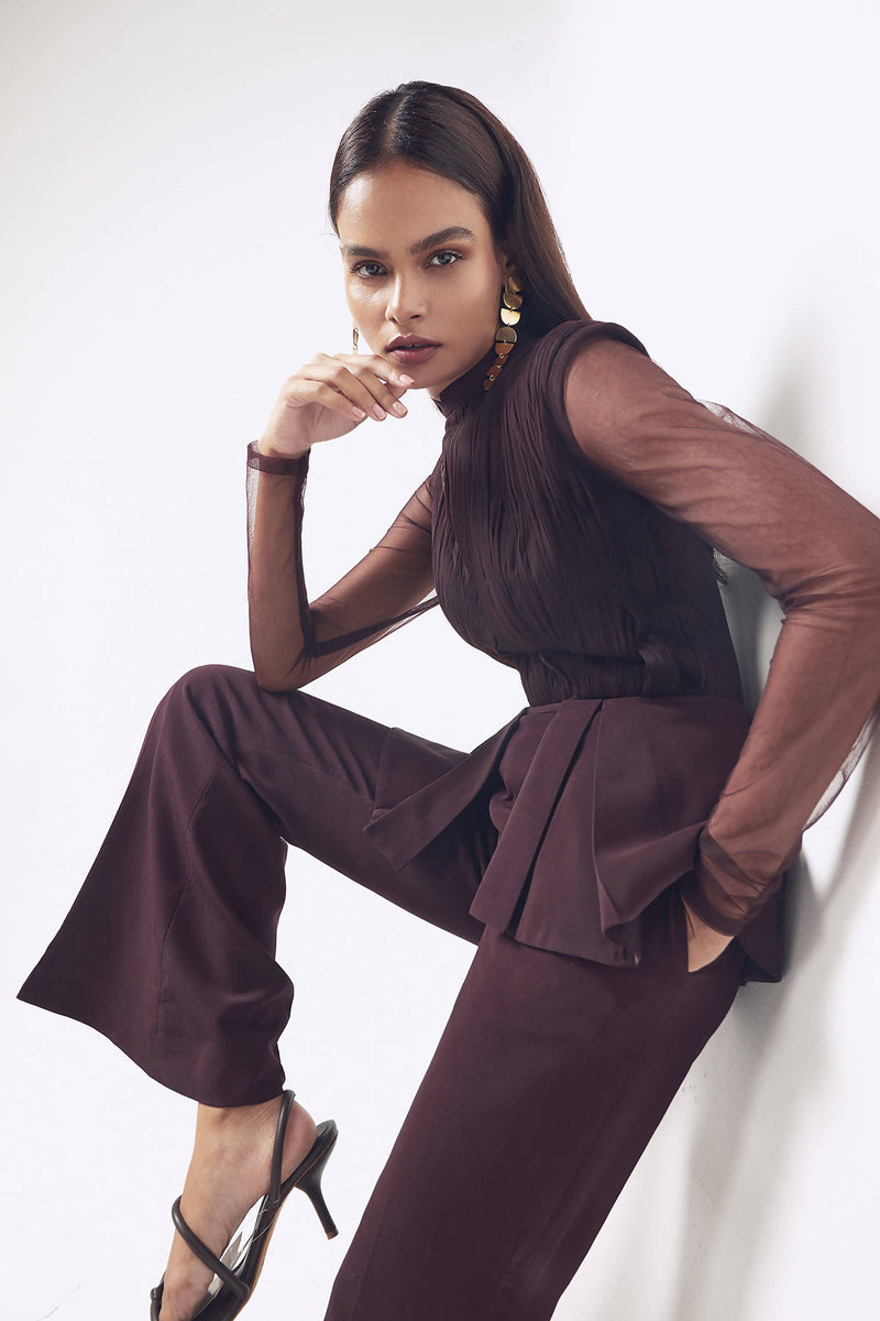 Ruched Jumpsuit with Detachable Peplum in Wine