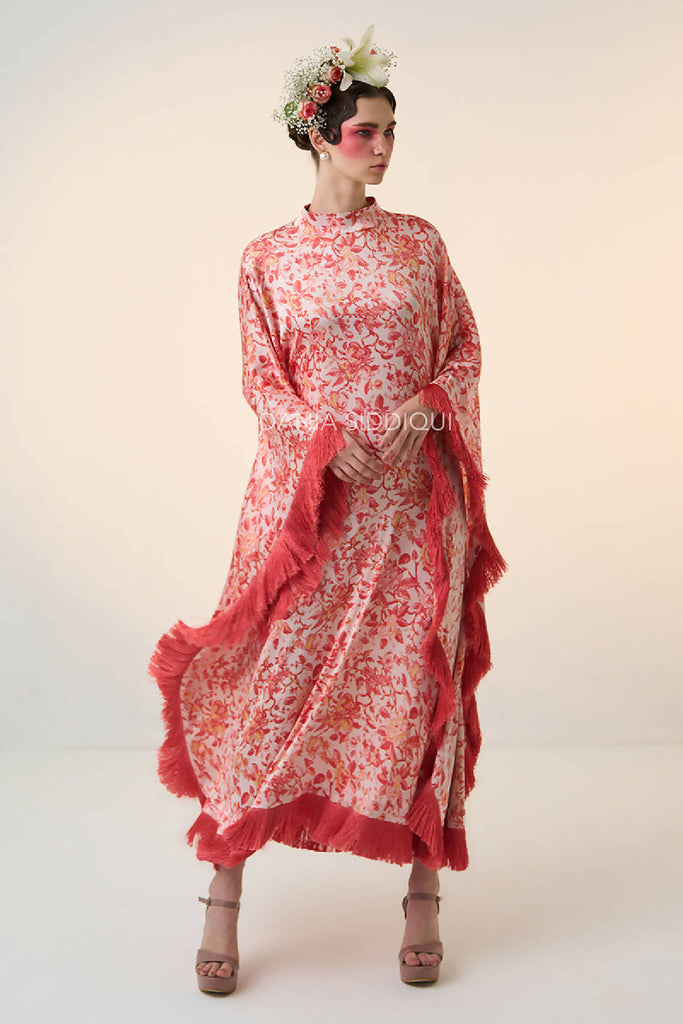 FLORAL FRINGED SATIN TRIMMED KAFTAN