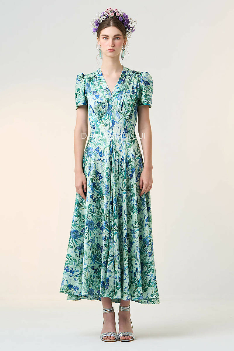 FLORAL BIRD FLARY MIDI DRESS