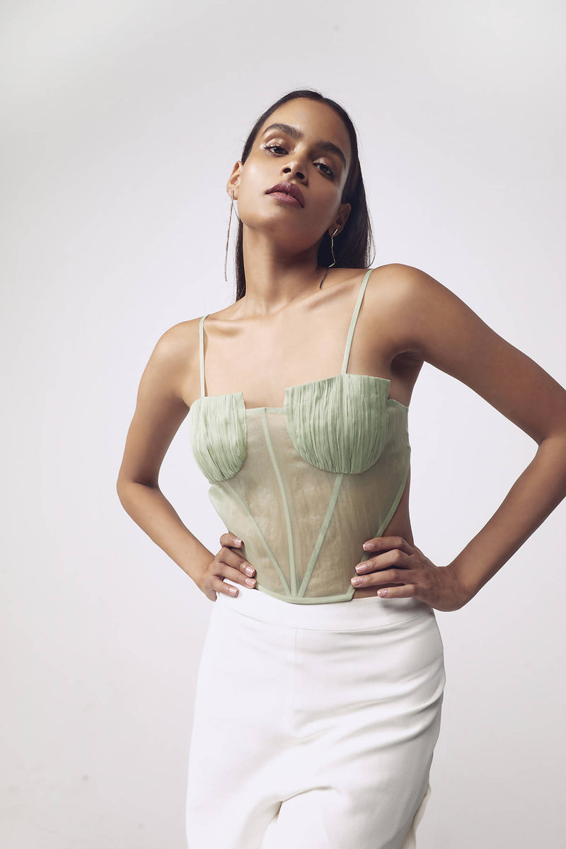 Ruched Cut-Out Corset in Pastel Green