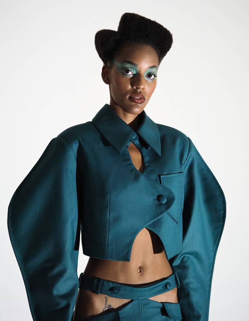 SS22. Collared Puff-Sleeve Cropped Suit Jacket