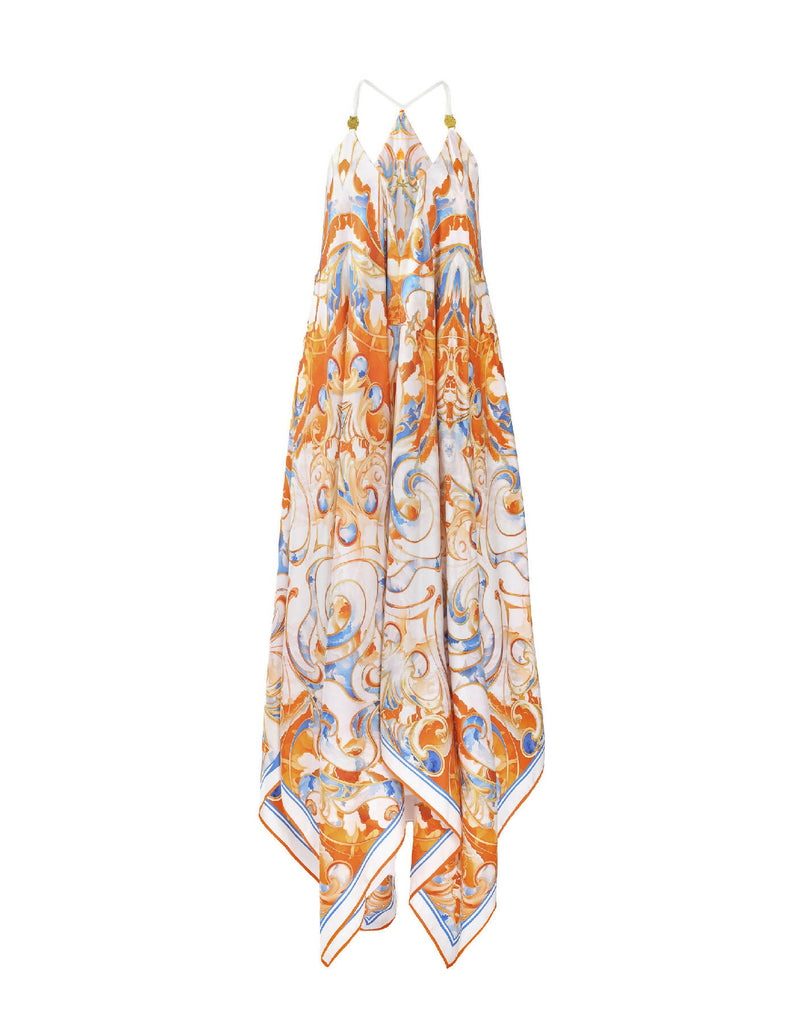 Sun Seeker – Pure Silk Slip Maxi Dress White, Blue, Orange