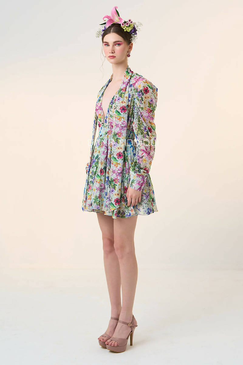 FLORAL TIE GATHERED BLOUSE & FLARY MINI SKIRT