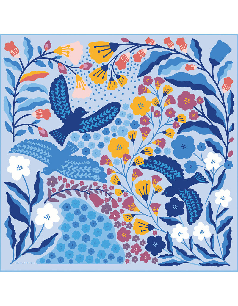 Double Sided Silk Scarf of Blue Birds