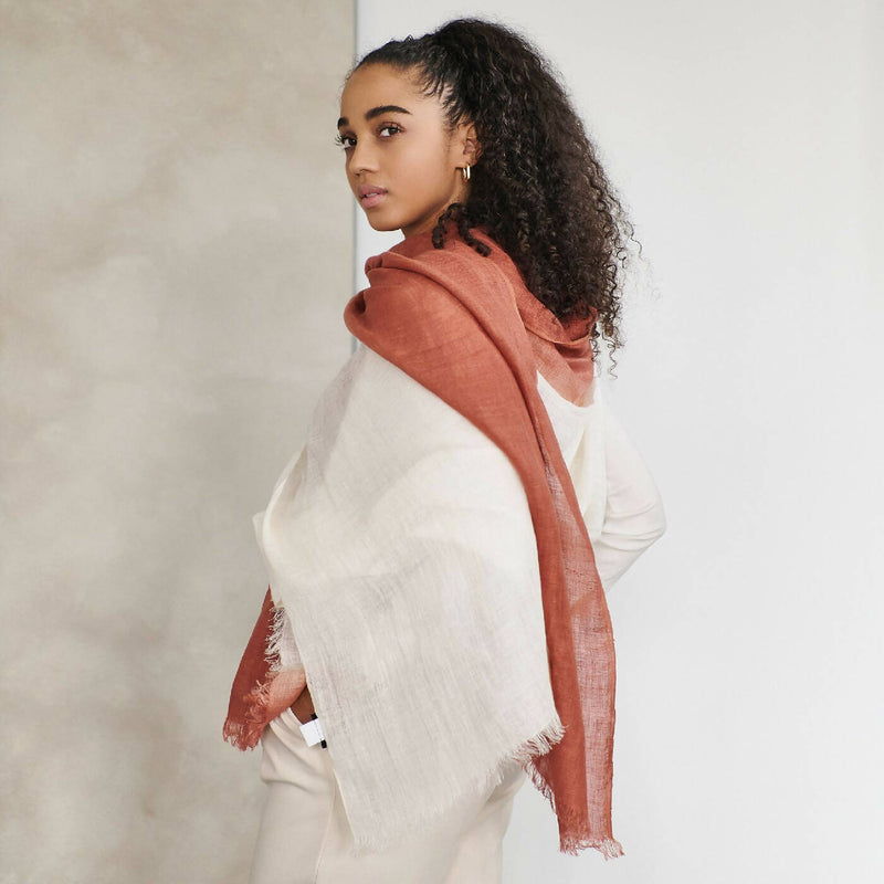 Pecan White Ombre Handloom Linen Scarf