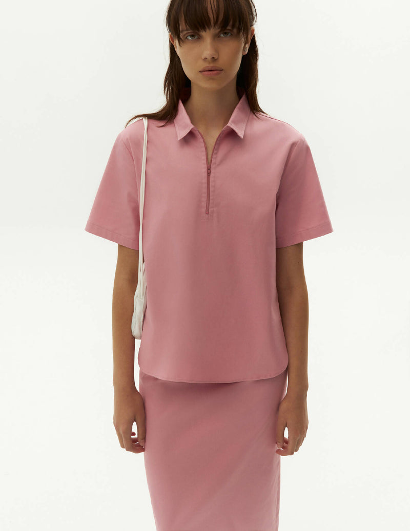 Cotton Polo with Zip — Dusty Pink Color