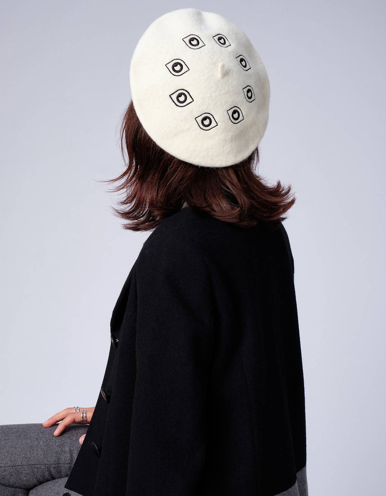 Cream Colour Beret With Eyes All Over