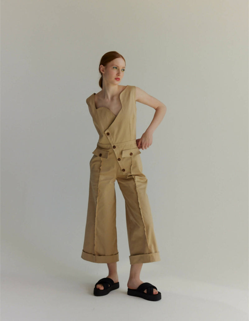 Beige jumpsuit with turned-up legs