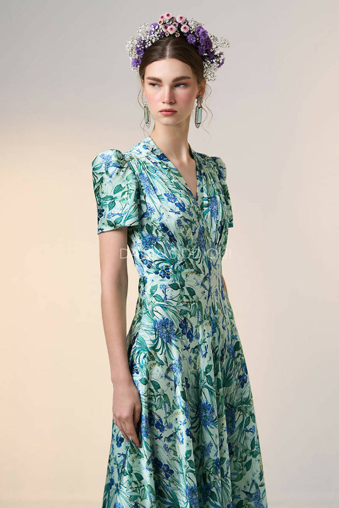 FLORAL BIRD FLARY MIDI DRESS