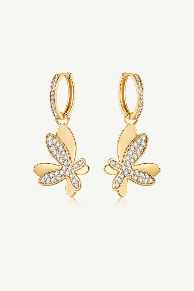 Gold Pavé Diamond Butterfly Dangle Drop Hoop Earrings