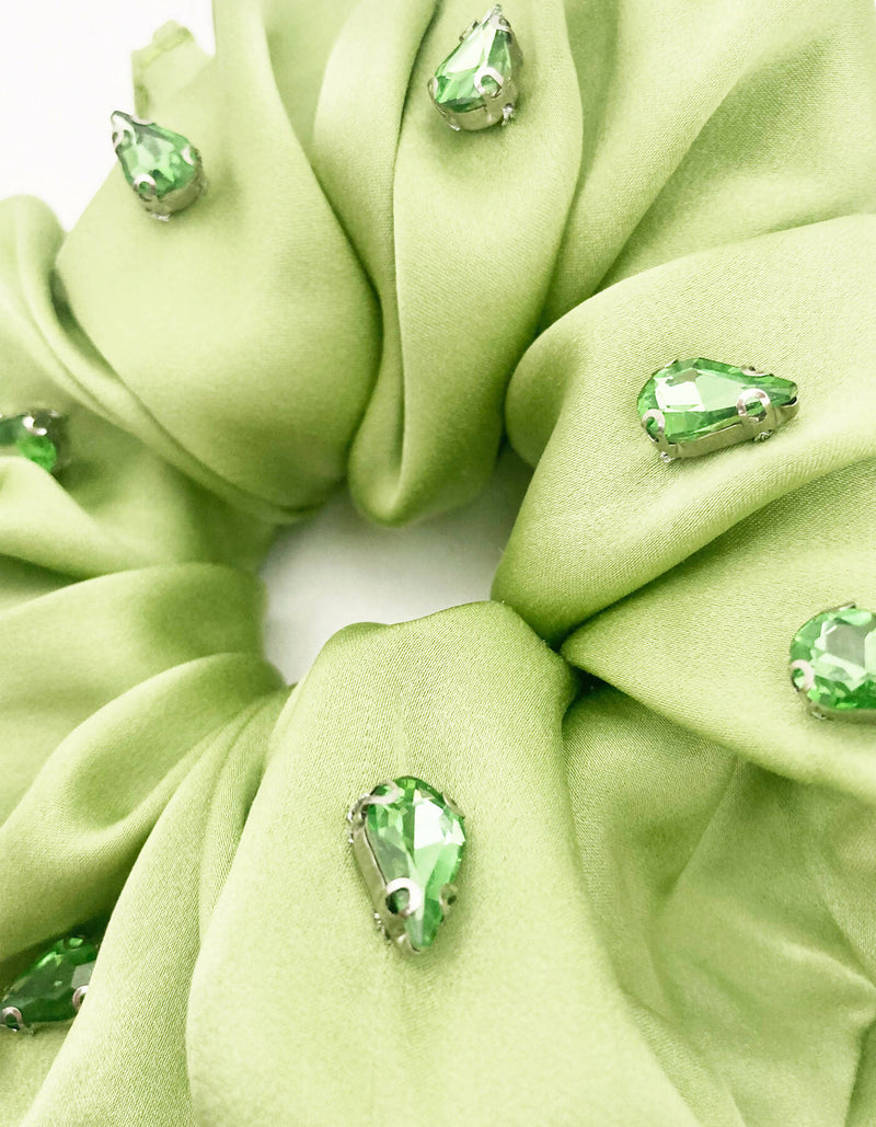 Amara Rhinestone Embellished Silk Scrunchie - Pistachio