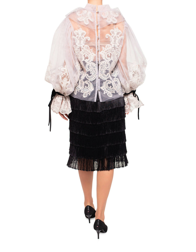 Lace And Chiffon Blouse With Velvet Bows