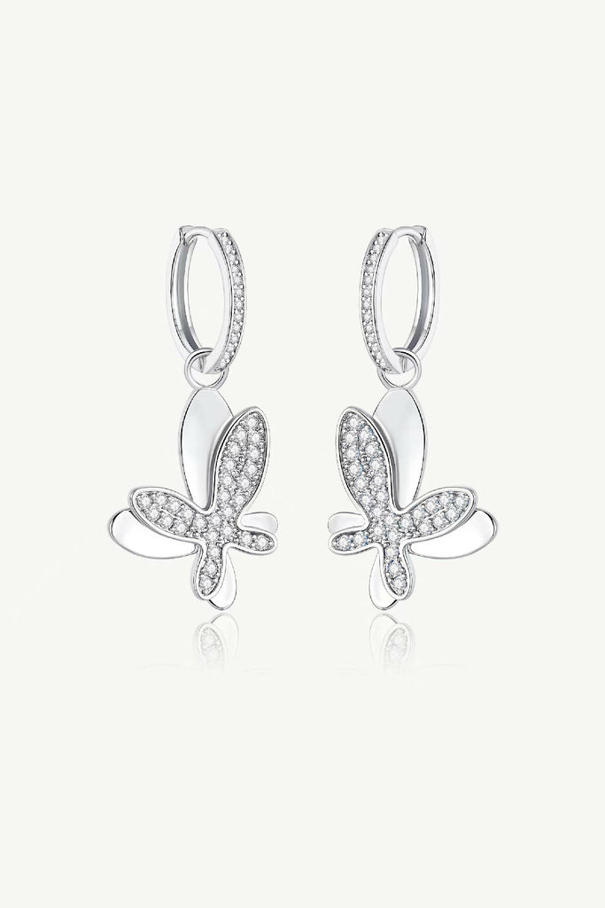 Silver Pavé Diamond Butterfly Dangle Drop Hoop Earrings