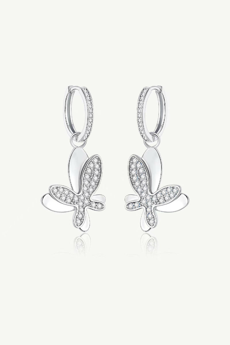 Silver Pavé Diamond Butterfly Dangle Drop Hoop Earrings