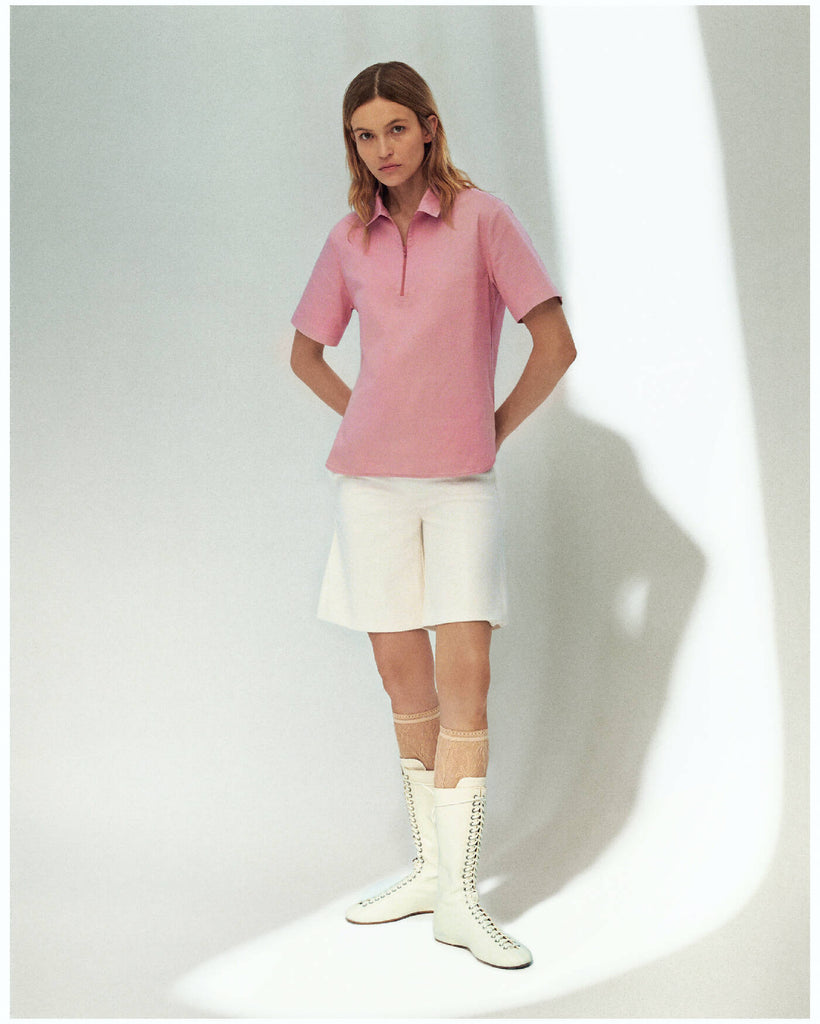 Cotton Polo with Zip — Dusty Pink Color