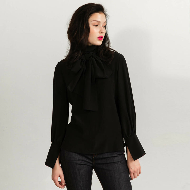 Silk Bow Tie Blouse Black