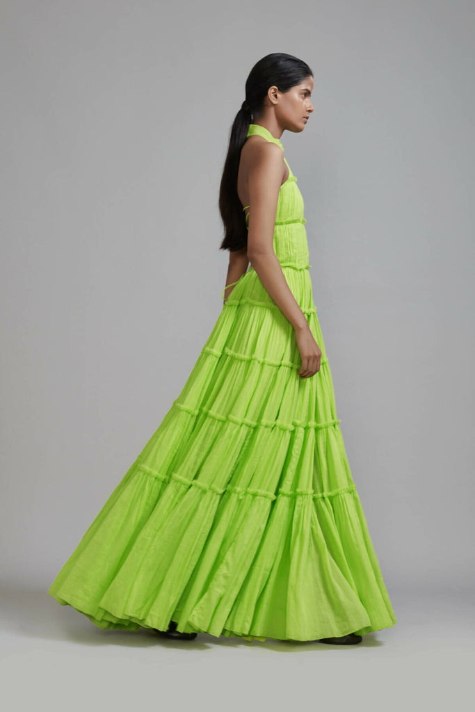 Neon Green Backless Tiered Gown