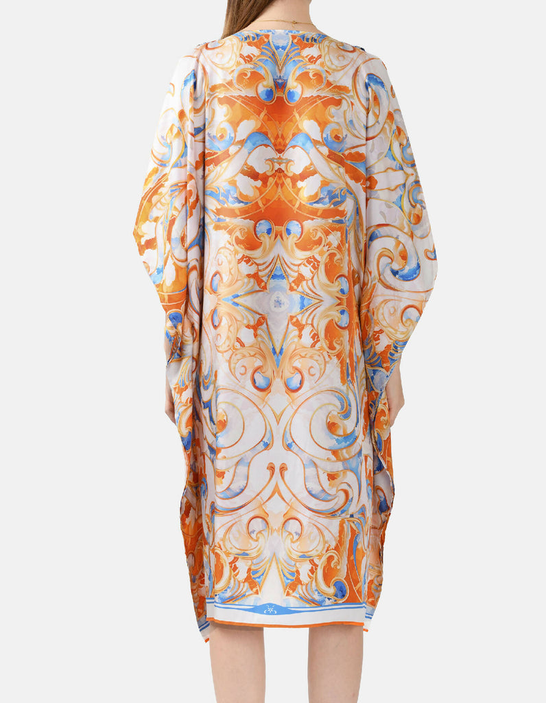 Sun Seeker – Designer Silk Kaftan White, Blue, Orange