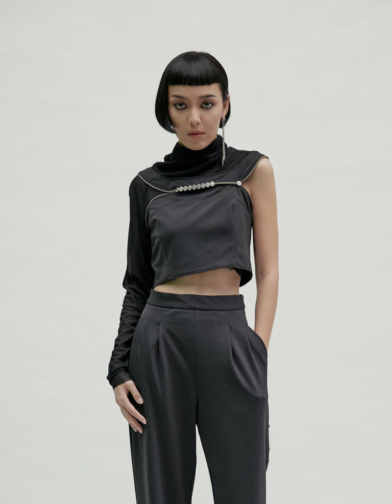 One Sleeve Panelled Mesh Turtleneck Top