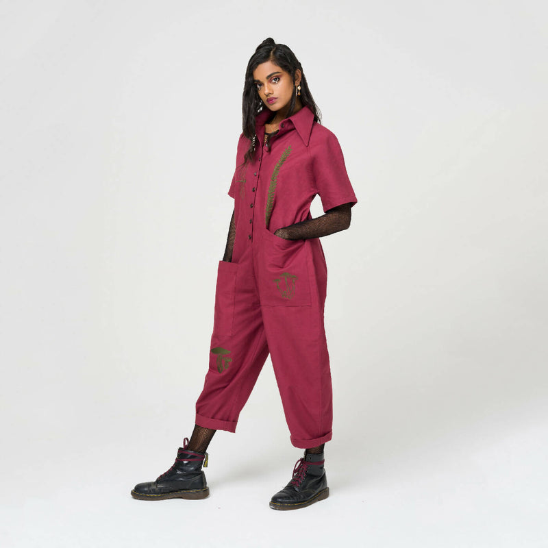 Meadow Embroidered Boilersuit in Berry