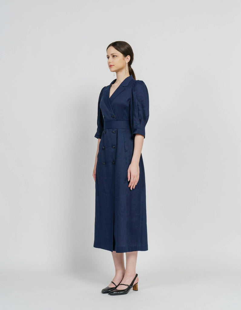 Linen Blending Double-Breasted Midi Dress