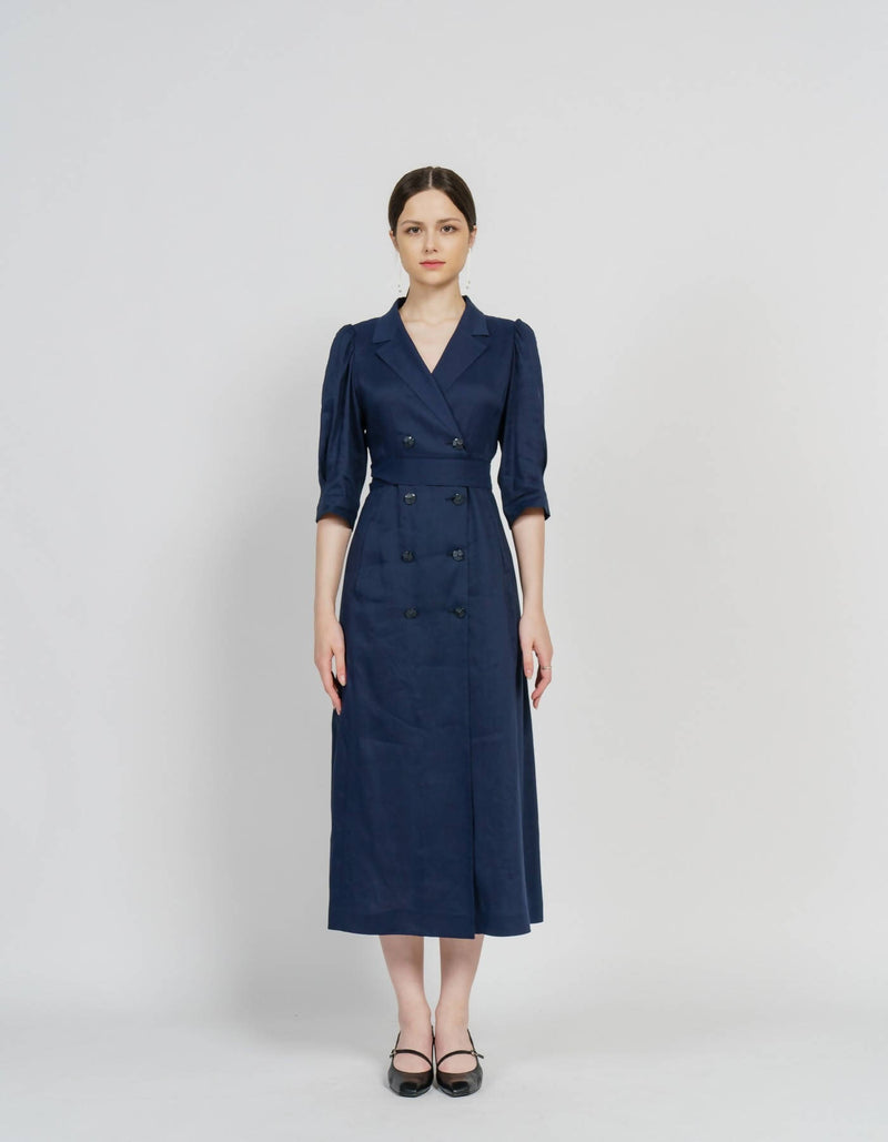 Linen Blending Double-Breasted Midi Dress