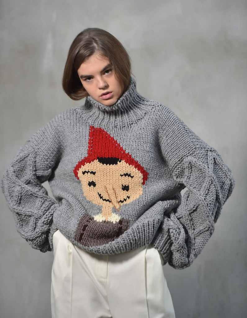 Hand-Knitted Sweater with Pinocchio Embroidery