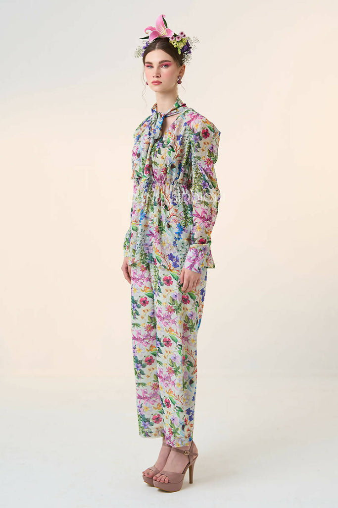 FLORAL TIE GATHERED BLOUSE & STRAIGHT PANTS