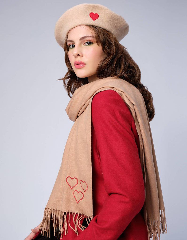 Beige Scarf with a Trio of Hearts Design