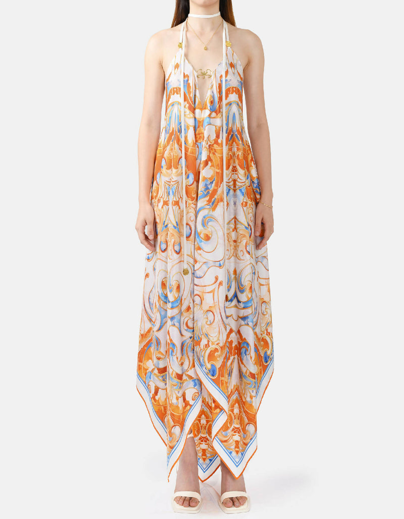 Sun Seeker – Pure Silk Slip Maxi Dress White, Blue, Orange