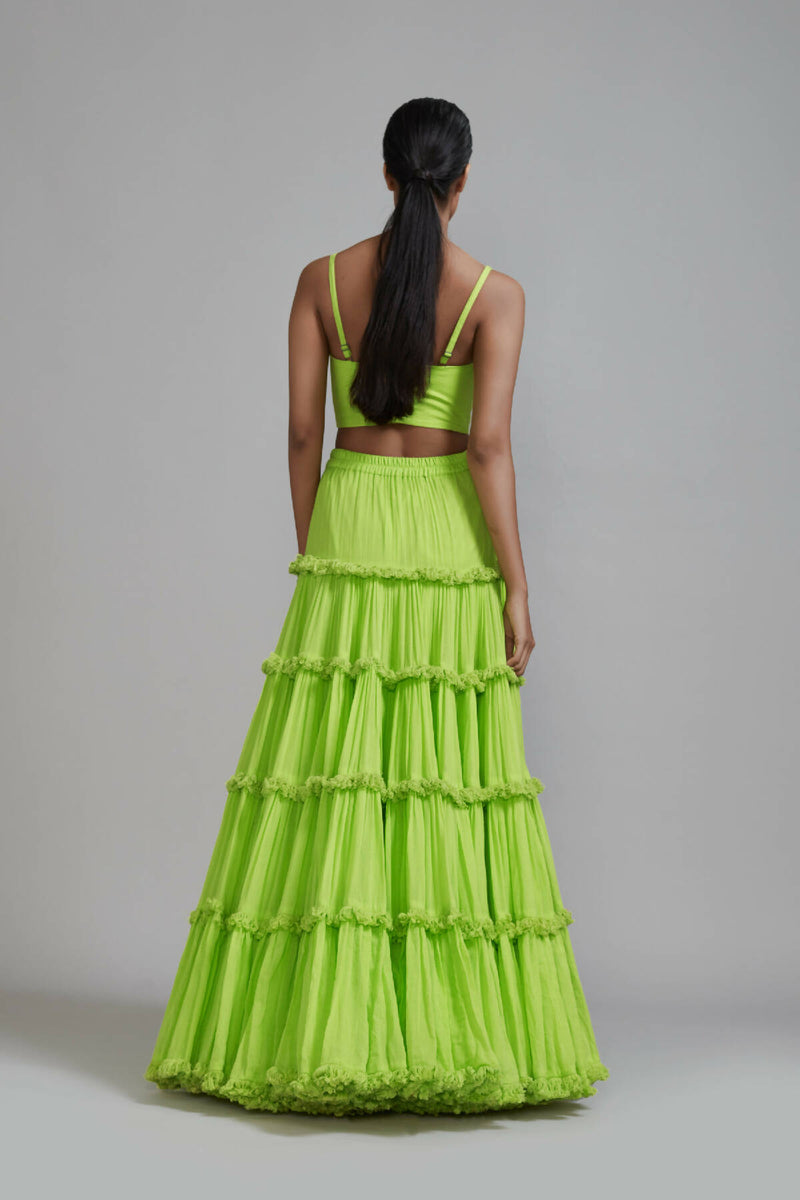 Neon Green Fringed Tiered Lehenga Set (2 PCS) (2)