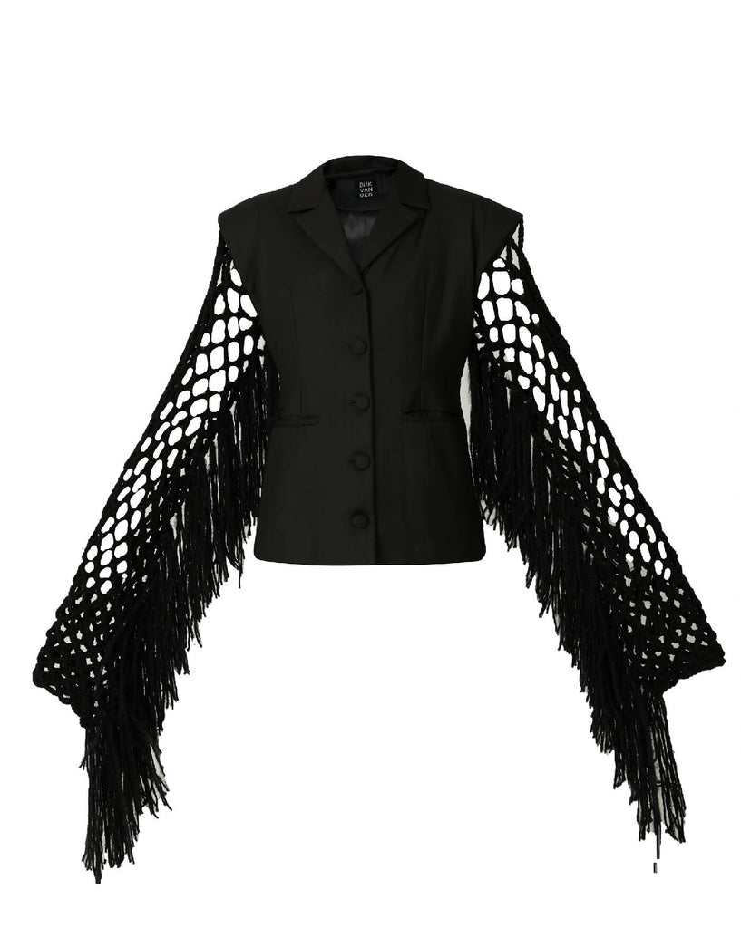 Fishnet-sleeve black blazer