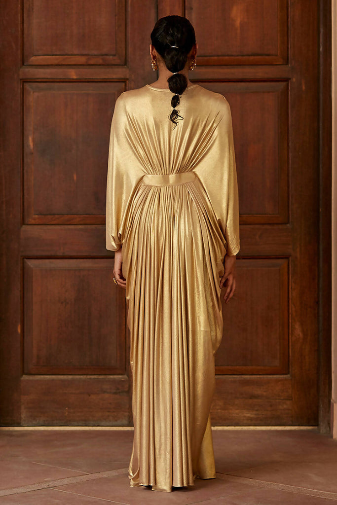 Gold Foiled Drape Gown With Crystal Belt