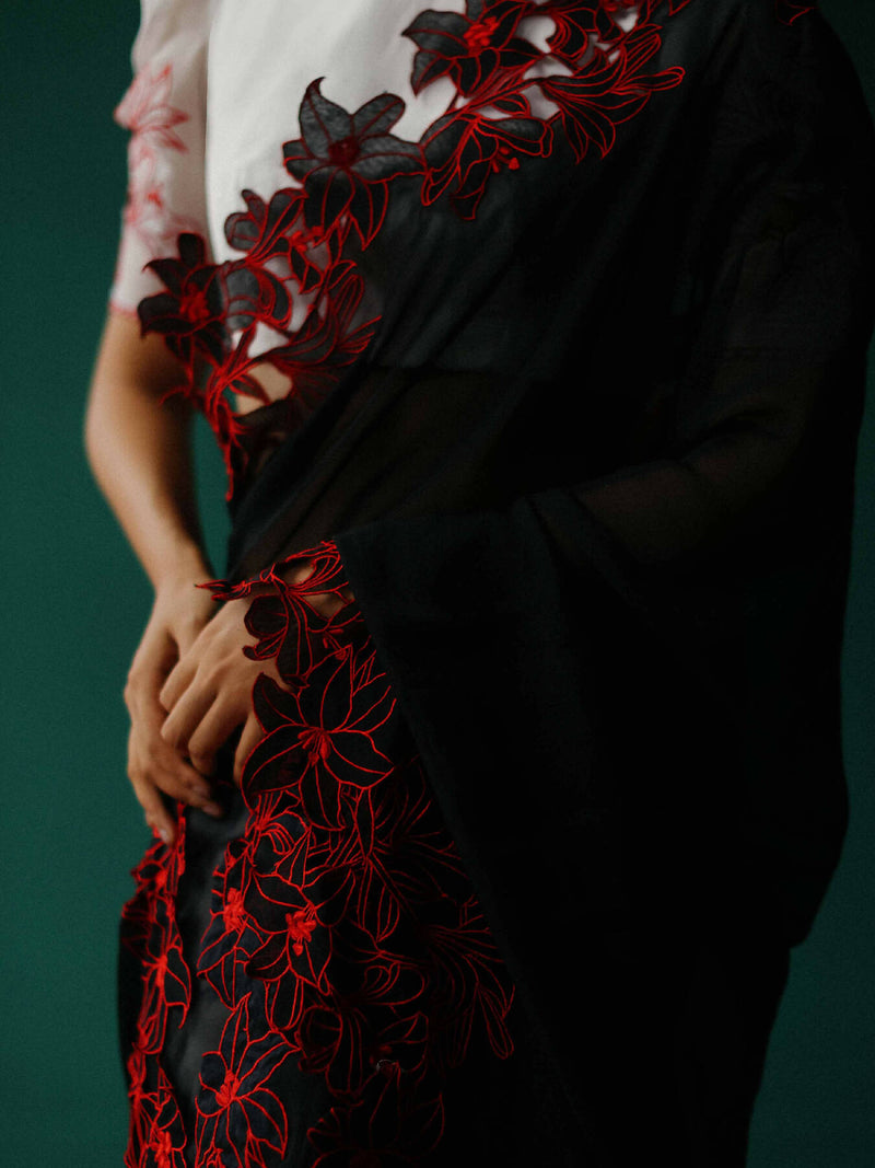 saree set with embroidered lilies