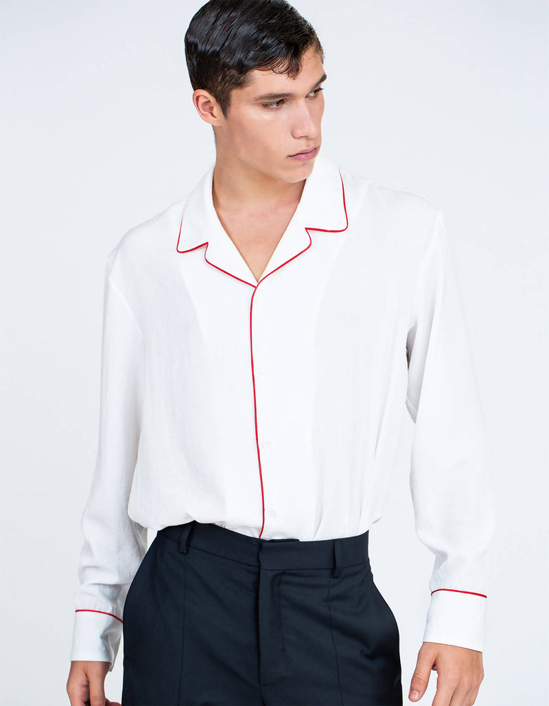 Cupro Shirt with Notch Lapel and Contrasting Piping