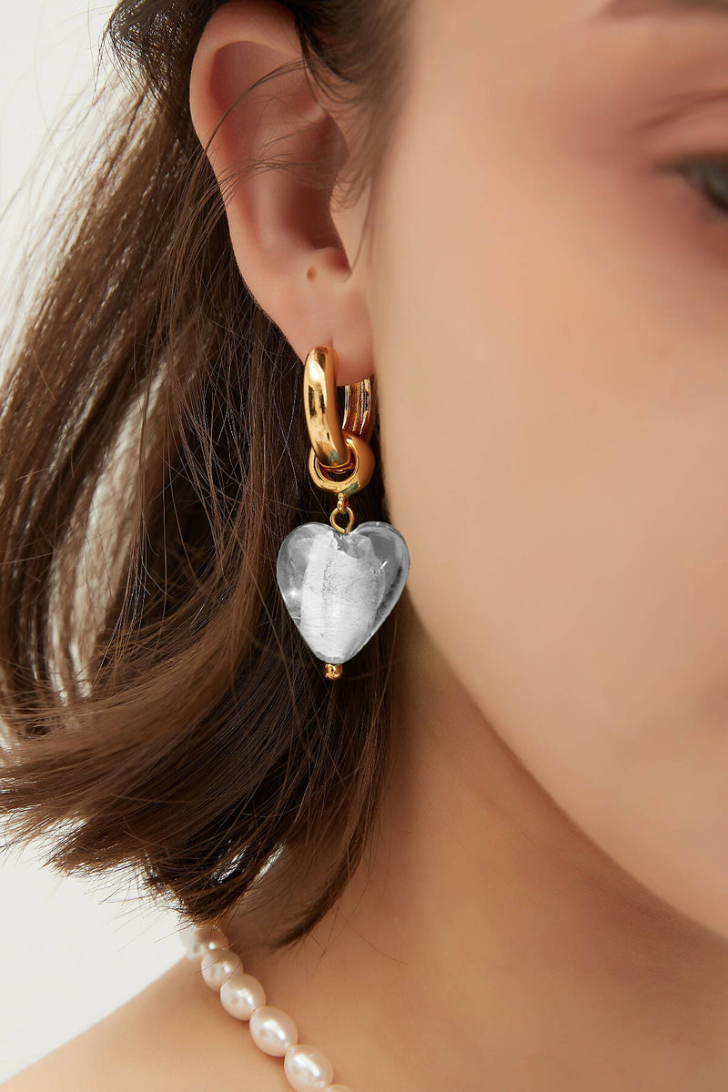 Esmée White Clear Glaze Heart Dangle Earrings