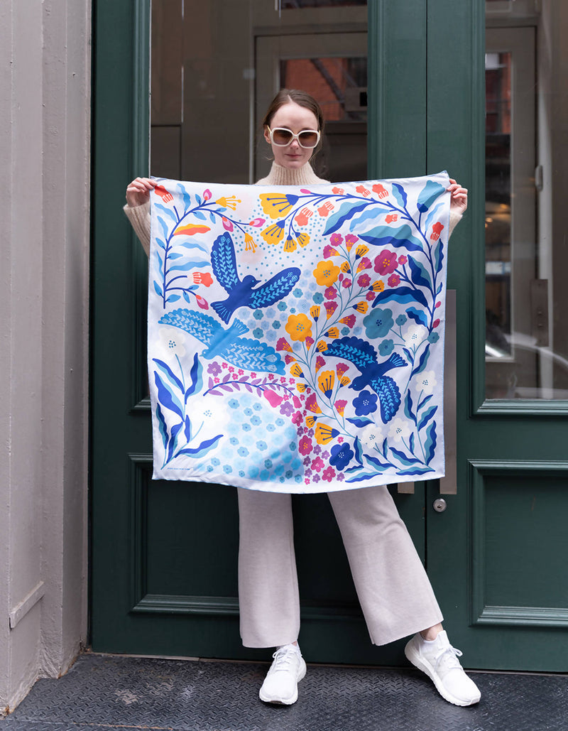 Double Sided Silk Scarf of Blue Birds