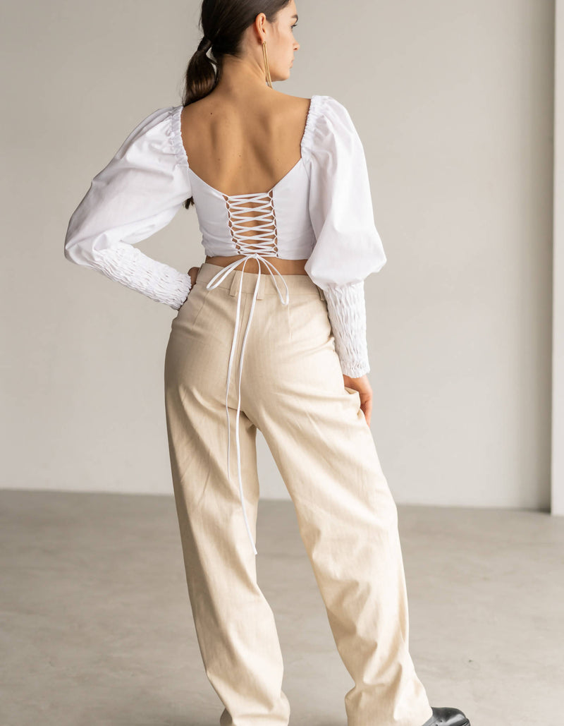 Beige White Striped Straight Linen Pants