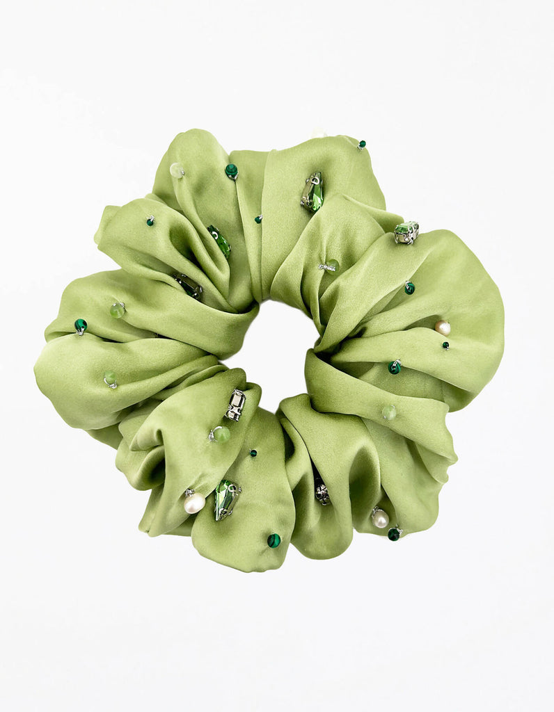 Cecelia Embellished Silk Scrunchie - Pistachio