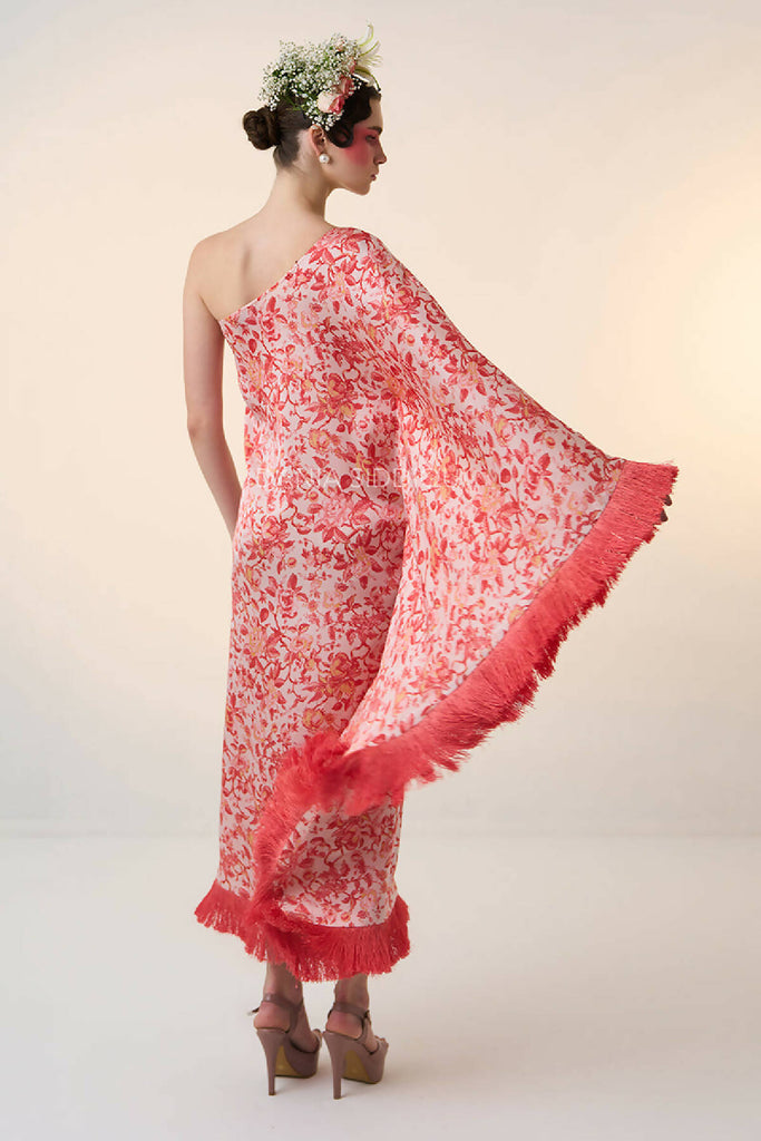 FLORAL ONE SHOULDER FRINGED SATIN TRIMMED KAFTAN