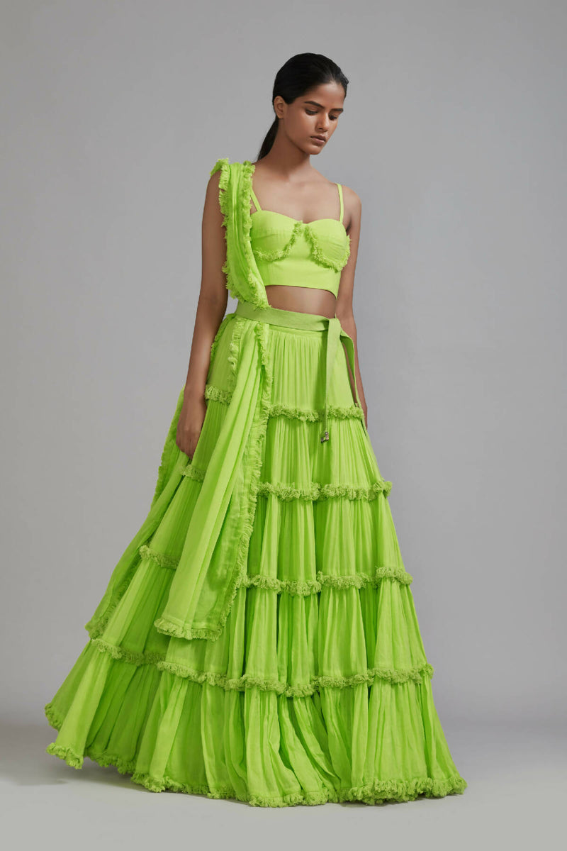 Neon Green Fringed Tiered Lehenga Set (3 PCS)  (2)