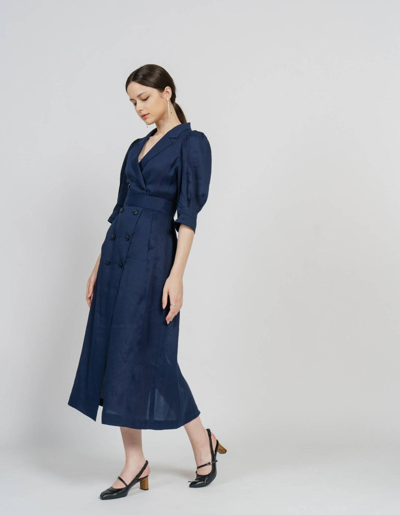 Linen Blending Double-Breasted Midi Dress