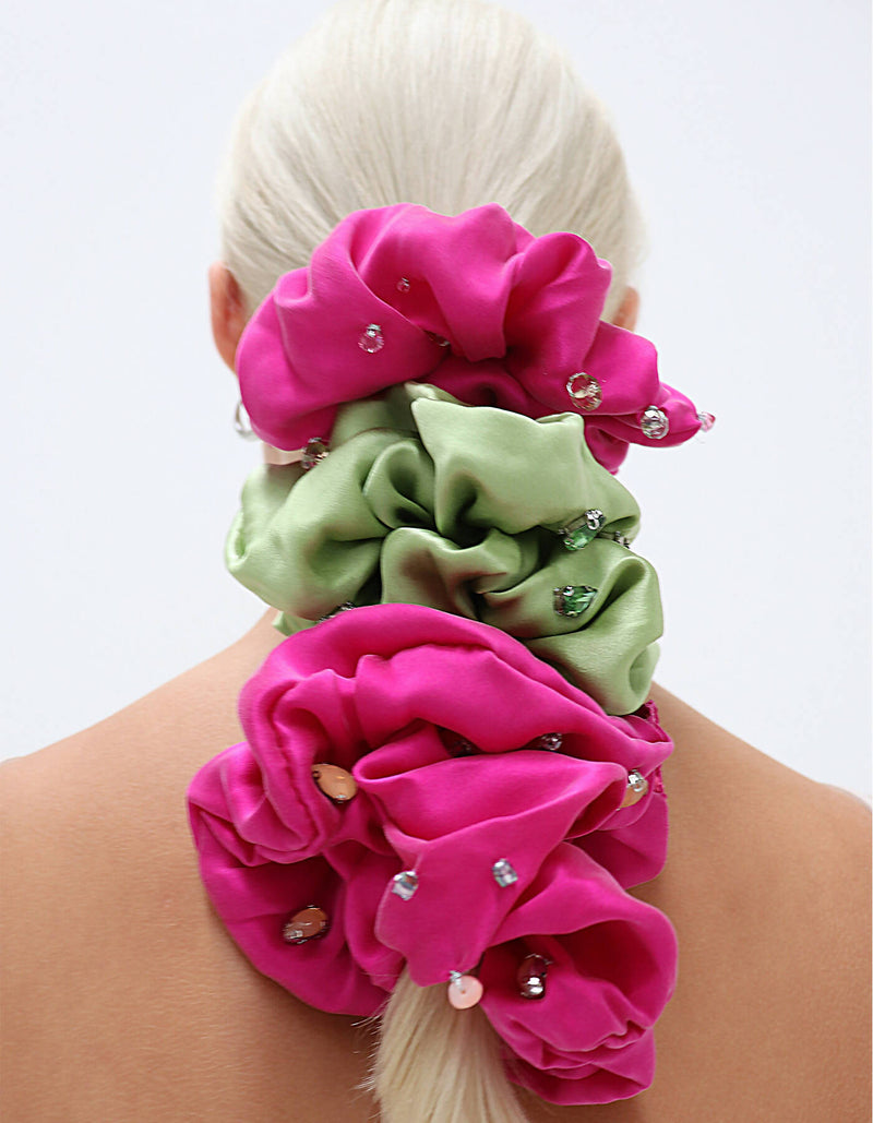 Amara Rhinestone Embellished Silk Scrunchie - Pistachio