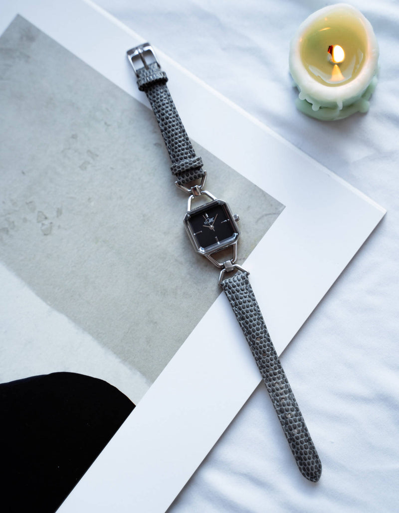 Vintage Design Silver / Black Watch With Gray Leather Strap