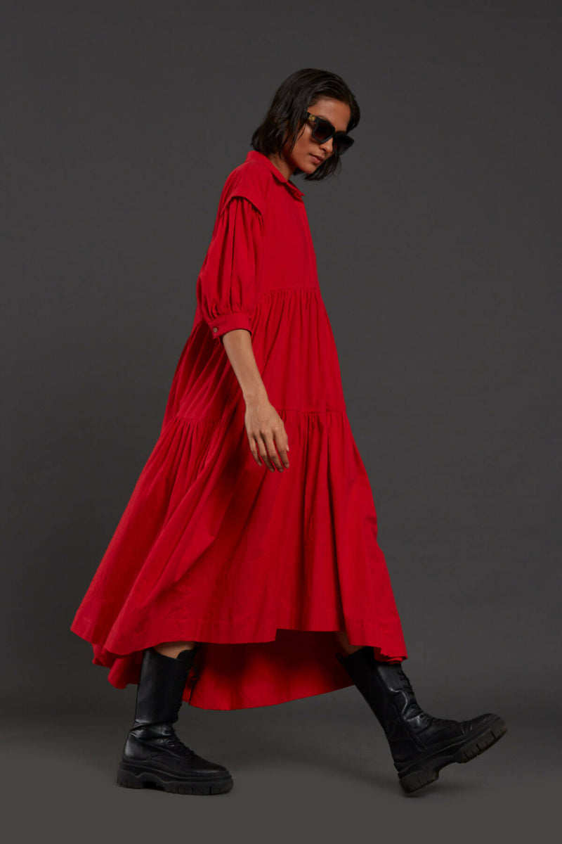 Red Tiered Shirt Dress